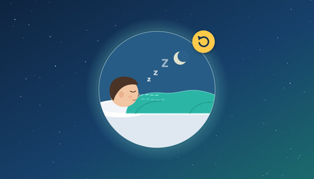 Illustration af en person, der sover roligt på siden i en seng om natten
